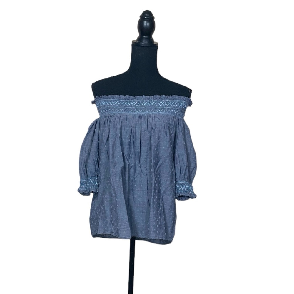 Ann Taylor LOFT Chambray Clip Dot Embroidered Smocked Puff Sleeves (D)
